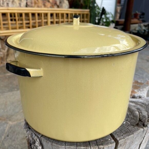 Vtg Enamelware Stock Pot Canning Butter Yellow Porcelain Enamel Lid Large 10 Qt - Picture 3 of 11